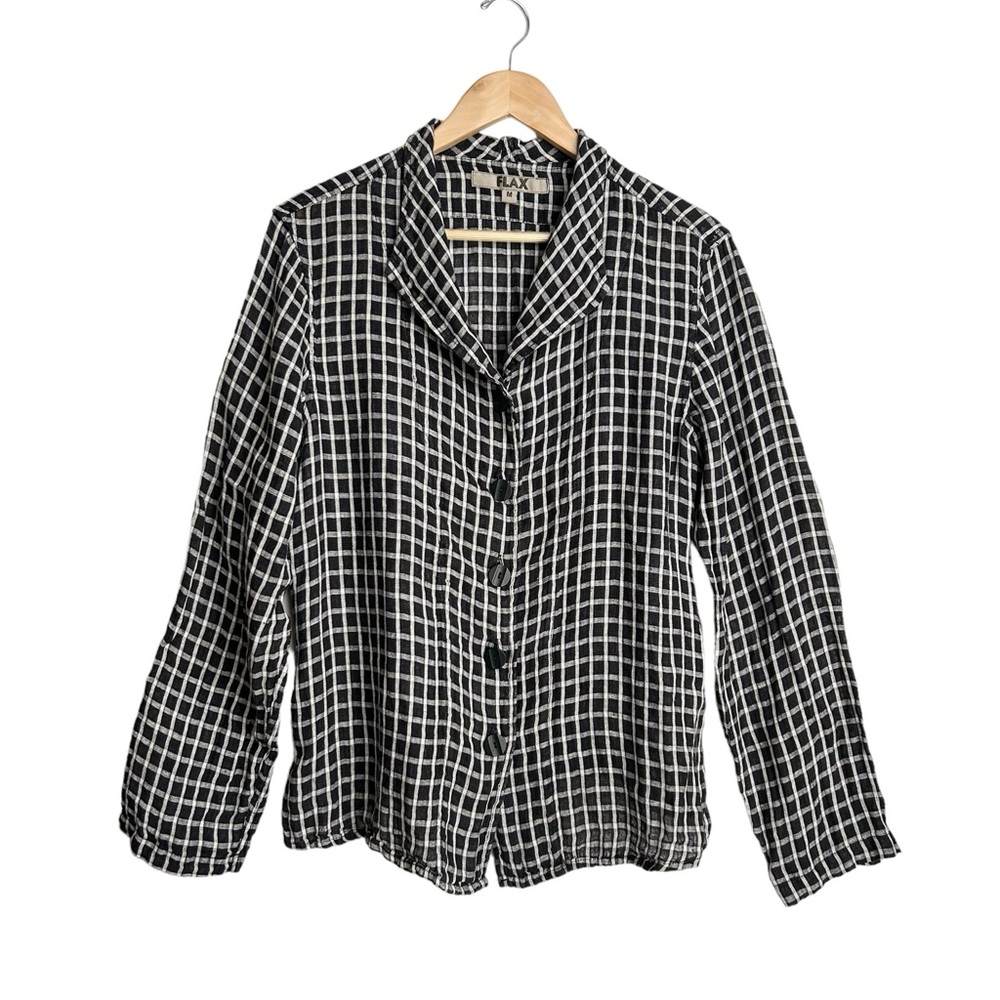 Flax Grid Pattern Check Lagenlook Button Front Shirt Size Medium | EUC Linen